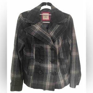 Old Navy Womens Black Grey Wool Plaid Pattern Pea Coat Jacket Size Small 54023